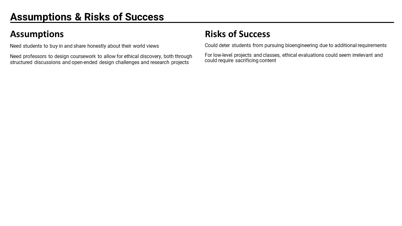 Assumptions and Risks of Success